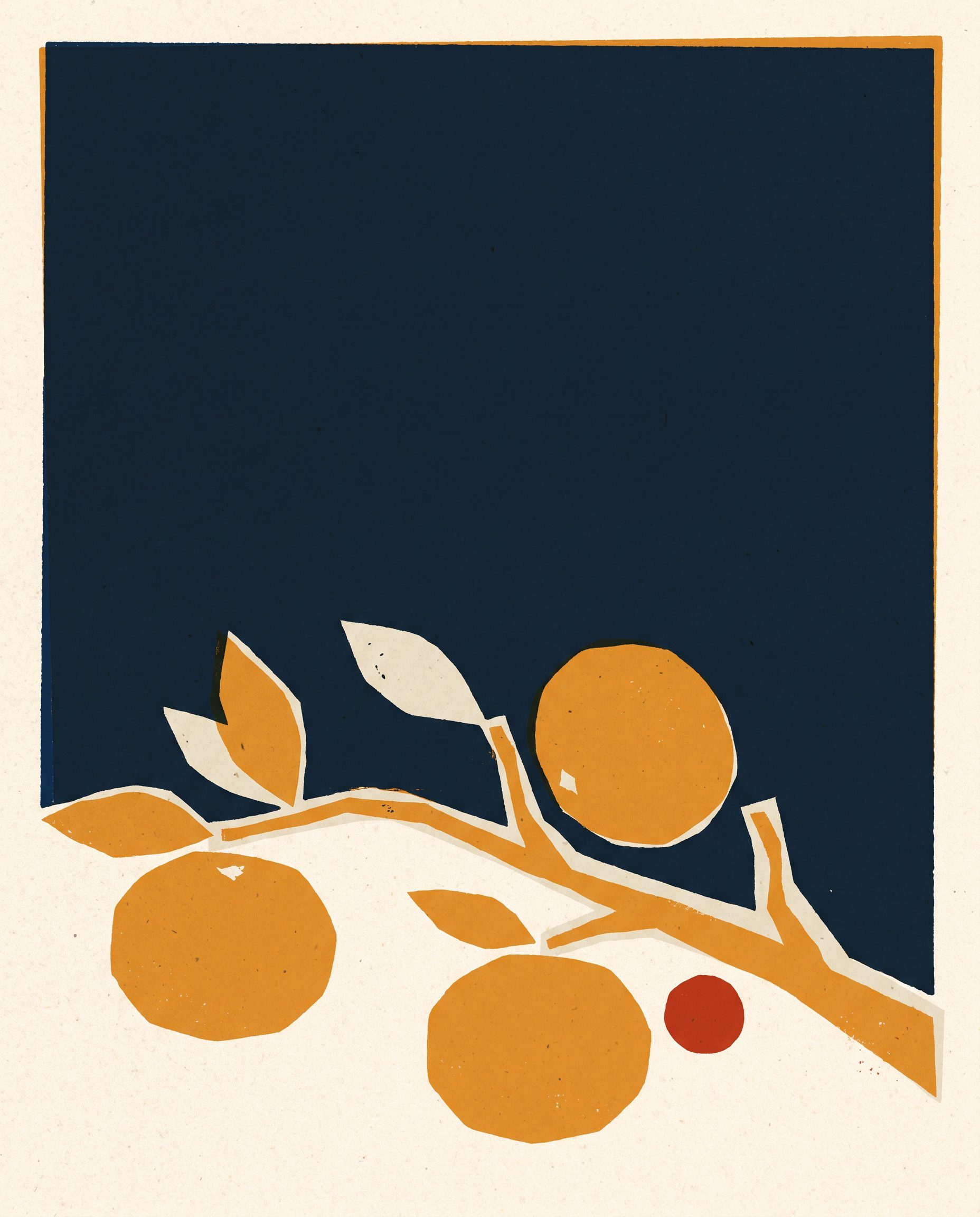 Serigrafia: tre mandarini tardivi su un ramo spoglio, stampati in ambra su fondo blu notte.